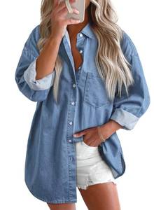 lot 20066 image: Astylish Women Denim Blouses Chambray Boyfriend Shirts V Neck Elegant Long Sleeve Basic Button Down Top Beau Blue Large