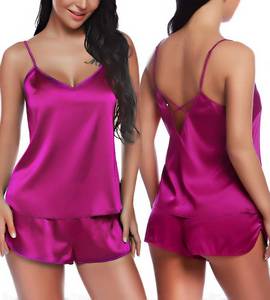 lot 20074 image: RSLOVE Sexy Pajama Set V Neck Sexy Lingerie Satin Sleepwear Cami Shorts Set Nightwear Purple L (TOP ONLY)