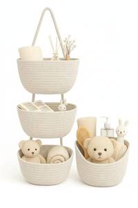 lot 20088 image: TNDCKP Japanese Handmade Cotton Rope Hanging Basket Organizer �� 3 Tier Wall boho Storage Organizer for Toys , Snacks & D�cor �� Eco-Friendly Coiled Weaving Craft, Housewarming & Shower Gift (White)