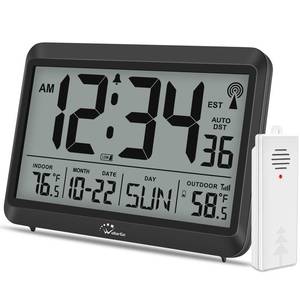 lot 20100 image: WallarGe Atomic Clock with Indoor Outdoor Temperature - 8.5 Digital Clock Battery Operated, Self-Setting, 4 Time Zones, DST