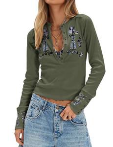 lot 20102 image: MISSACTIVER Floral Embroidered Crop Tops for Women Long Sleeve Button Down Ribbed Knit Tshirt Slim Fit Lettuce Hem Boho Shirt Army Green Medium
