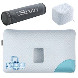 lot 1395 image: USlixury Ear Piercing Pillow with Foam Plug - Ear Pillow with Off Center and 5.1X3.2 Ear Hole, Soft CertiPUR-US Memory Foam, Cooling Piercing Pilow for Side Sleepers, Blue, 22X13X4