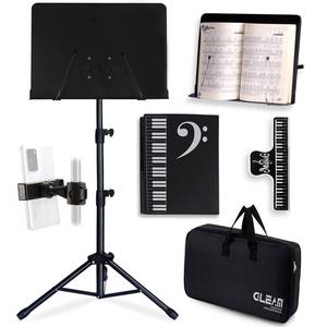 lot 1398 image: GLEAM Sheet Music Stand - Full Metal with Carrying Bag, Phone Holder, Sheet Music Folder and Clip, 5 in 1 Desktop Book Stand - Black