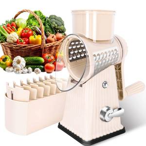 lot 1401 image: YHBRAK Rotary Cheese Grater with 5 Well-designed Blades & Strong Suction Base, Kitchen Mandoline Vegetable Slicer with Blade Storage Box(Off-white)