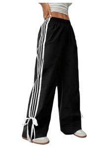 lot 6112 image: BEAUDRM Girls Bow Track Pants Striped Sweatpants Baggy Wide Leg Parachute Pants for Joggers Hip Hop Dance Black 11 Years