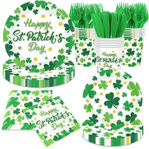 lot 6127 image: St. Patricks Day Party Supplies - 144Pcs Lucky Shamrock Plates and Napkins Green Shamrock Tableware Decoration for St. Patricks Day Birthday,Irish Party Supplies Serves 24