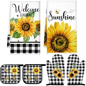 lot 6138 image: Bencailor 6 Pcs Spring Kitchen Decor Sunflower Pot Holders and Oven Mitts Sets Yellow Kitchen Towel 2 Farmhouse Cooking Mittens for Cooking Grilling Supply Accessories(Yellow,Sunflower)