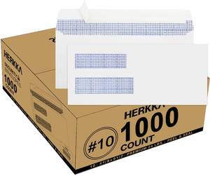 lot 6186 image: 1000 Pack #10 Double Window Security Self-Seal Envelopes - Suitable Size for Multiple Business Statements, Quickbooks Invoices, and Return Envelopes, Size 4-18 x 9-12 - White - 24 LB
