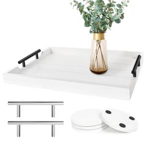 lot 6208 image: SXNOWS Coffee Table Tray - Large Ottoman Tray for Living Room - Wood Serving Tray with 2 Sets of Handles - Wooden Tray for Coffee Table, 4 Round Coasters Included, White