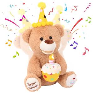 lot 6222 image: Hopearl Adorable Happy Birthday Teddy Bear with Glowing Cupcake Musical Stuffed Animal Bear Singing and Shaking Plush Toy Interactive Animated Kids Gifts, Brown, 15����