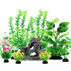lot 6236 image: QUOZUO Fish Tank Accessories Artificial Plants, 9pcs Green Aquarium Decorations Plants and Cave Rock Decor Set, Aquarium Decor Plastic Plants