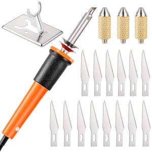 lot 6237 image: Honoson 19 Pieces Electric Hot Knife Cutter Tool, Multipurpose Hot Knife Stencil Cutter with Metal Stand, 14 Blades, 3 Chuck Sleeves for Cutting Carving(Orange)