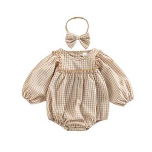 lot 6263 image: Douhoow Infant Baby Girl Plaid Romper Baby Sweatshirt Romper Ruffle Festival Clothes Fall Winter Outfits with Headband (Khaki plaid, 3-6 Months)