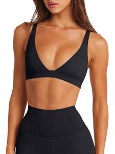 lot 6267 image: LASLULU Womens Black Deep V-Neck Sports Bra Padded Wireless U Back Workout Bra Low Impact Gym Workout Yoga Crop Tops Black Sexy Small