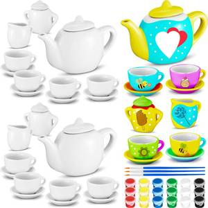 lot 9157 image: PullCrease 45 Pcs Spring Paint Your Own Tea Kit Craft DIY Tea Kit for Kids Ages 8 Mini Ceramic Tea Cups to Paint Including Porcelain Dishes Brush for Party Girls Boys SetStylish Style
