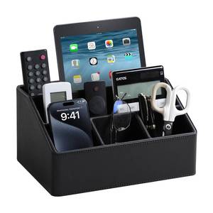lot 9164 image: MEIBOOCH PU Leather Desk Organizer, Luxury Remote Control Holder for Home, Office Desk Accessories Table Caddy Bedside Nightstand Organizer (Black)