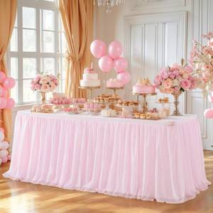 lot 9170 image: Wish Care 1 Pack Pink Table Cloth for 6 Foot Rectangle Tables 6FT Tulle Tutu Skirt Stretch Fitted Tablecloth Wrinkle Free Ruffle Table Cover for Girls Birthday Wedding Baby Bridal Shower Party Cake