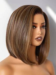lot 9179 image: GORGIUS Brown Highlight Bob Lace Front Wig Glueless Straight Short Wigs Upgrade with Human-Hair-Like Sythetic Hair Pre Cut Pre Plucked Side Part Hairline 12 Inch