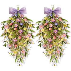 lot 10134 image: 2 Pack 22 Easter Swag Wreaths for Cabinets Easter Teardrop Wreath with Daisy Flower and Eggs Artificial Spring Teardrop Wreath Hanger for Farmhouse Front Door Porch Window Wall Hanging Decor