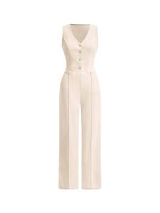lot 10172 image: Floerns Womens 2 Piece Outfits Sleeveless Button Front Vest Blazer Jacket & Pants Business Suit Sets Apricot Large
