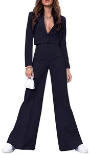 lot 10182 image: HipGlamp Tailored Power Suit Set Cropped Blazer & Wide-Leg Pants Deep V Neck for Business Evening
