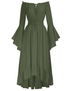lot 10186 image: Renaissance Costume Women Bell Sleeve Off Shoulder Maxi Long Dress Army Green XL