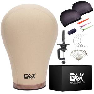 lot 11037 image: GEXWORLDWIDE GEX 20 Canvas Cork Wig Block Mannequin Head for Wig Making Drying Styling Display with Table C Clamp Stand Holder (Light Brown 20)