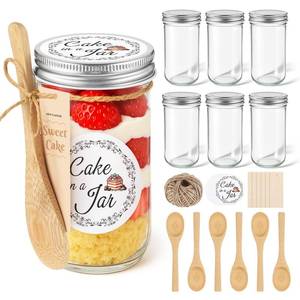 lot 11051 image: Blushtier 6 Pack 12 oz Mason Cake in a Jar with Lids Including 6 Glass Wide Mouth Canning Jars, 6 Wooden Spoons, 12 Stickers, 6 Tags and Rope for Christmas Baby Shower Wedding Favors