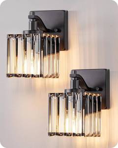 lot 11063 image: EDISHINE Hardwired Bathroom Light Fixtures, Modern Wall Sconces Set of Two, Crystal Bathroom Vanity Llight, Indoor Lighting Fixtures Over Mirror, Black Wall Lamp for Bedroom