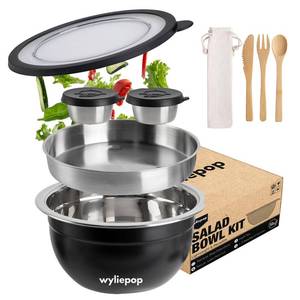 lot 12000 image: Wyliepop 64oz Stainless Steel Salad Bowl Kit & 3Pcs Bamboo Cutlery Set with 2x Condiment Containers, Insert Tray, Bowl & Leakproof Lid - Salad Bowl To Go Lunch Portable Reusable