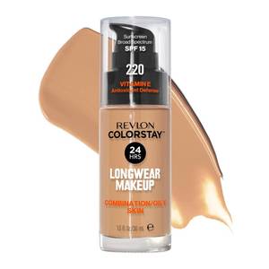 lot 12053 image: Revlon Liquid Foundation, ColorStay Face Makeup for Combination & Oily Skin, SPF 15, Medium-Full Coverage with Matte Finish, 220 Natural Beige, 1 Fl Oz