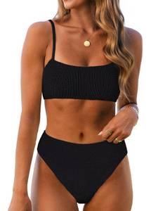 lot 12067 image: ANRABESS High Waisted Bikini Sets for Women Tummy Control 2 Piece Swimsuits Ribbed Textured Bathing Suits Beach Swimwear Black Large (Only Bottoms)