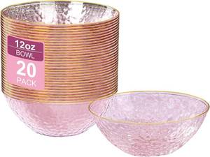 lot 12077 image: I00000 20 Pack 12 Ounce Pink Plastic Bowls Hammered Gold Rimmed Crystal Like, Heavy duty Disposable Bowl Set,Elegant SoupSaladDessertIce Cream Small Bowls for Party Weddings