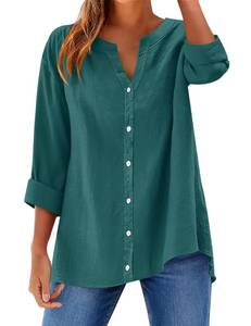 lot 12091 image: LOMON Long Sleeve Button Down Shirts for Women Cotton Button Up Shirt V Neck Linen Casual Blouse Tops Gem Green M