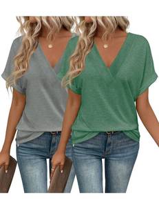 lot 12121 image: EyMuse 2 PCS Women Beach Fashion Short Sleeve V Neck Tops Casual Summer T Shirts Ladies Basic Tees Fashion Soft Comfortable Tunic, GreyDark Green,XL (Only Grey)