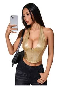 lot 12127 image: Floerns Womens Y2K PU Leather Halter Neck Hook Eye Backless Asymmetrical Party Crop Tank Top Gold X-Large