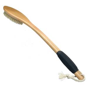 lot 12128 image: OWIIZI Bath Brush Wooden Curved Long Handle Antiskid Shower Brush for Exfoliating, Natural Bristle Scrubber for Back Use Wet or Dry