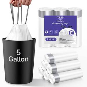 lot 12166 image: TIPGO 5 Gallon Trash Bags Drawstring, Pre-Cut Strong Wastebasket Bin Liners, White Garbage Bags for Home, Office, Bathroom (Code E, 60 Count)
