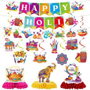 lot 12172 image: Happy Holi Decorations Set, Holi Party Banner and Hanging Swirls with Honeycomb Centerpieces, Party Decor for Home Indoor Celebration Festival Backdrop Supplies