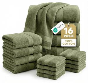 lot 12451 image: Lane Linen 100% Cotton Luxury Bath Towel Set - 16 Pieces - Ring Spun, Super Soft & Highly Absorbent - 4 Bath, 8 Washcloths, 4 Hand Towels for Bathroom - Minimal Lint & Fading, Pre Shrunk - Olive Green