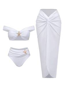 lot 12455 image: SOLY HUX 3 Piece Swimsuits for Women Sexy Summer Gold Off-Shoulder Bikini Sets Cover Up Skirt Bathing Suit Solid White Medium