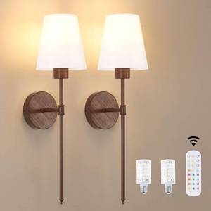 lot 13362 image: Shenmoyl Battery Operated Wall Sconces Set of 2, Walnut Color Wall Lamp 6000 mAh Rechargeable Bulb with 12 RGB Colors Dimmable Wall Sconce for Living Room Bedroom