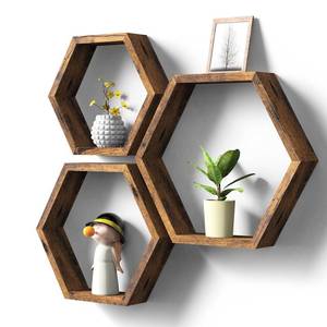 lot 13363 image: CADUKE Hexagon Floating Shelves, Set of 3 Farmhouse Honeycomb Shelves for Wall Decor, Decorative Wall Mounted Shelves, Wooden Hanging Shelf Unitfor Bedroom, Kitchen, Living Room, Rustic Brown