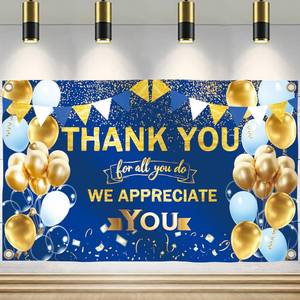 lot 14101 image: We Appreciate You Banner - Thank You for All You Do Backdrop (Blue Gold, 72x44 inches) - Appreciation Party Decorations for Teacher, Employee, Staff, Doctor, Nurse, Volunteer, Pastor - Reusable Retirement, Graduation, CNA Week, Ceremony Decor