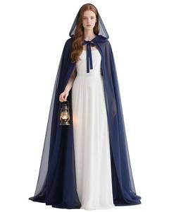 lot 14113 image: LVOW Chiffon Hooded Cloak - Tulle Fairy Cape for Wedding Bridal, Elf Halloween Cosplay, Navy Blue