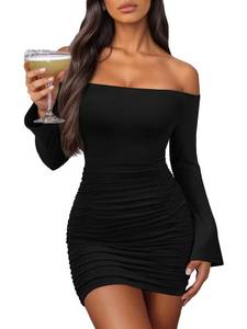 lot 14136 image: Womens Small Off Shoulder Bodycon Mini Dress Elegant Long Sleeve Ruched & Ribbed Tight Fit Clubwear for Cocktail Party,Date Night Black