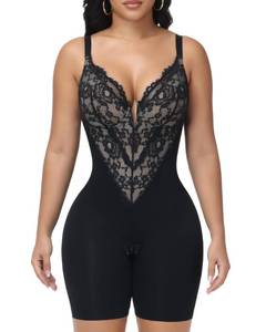 lot 14143 image: SHAPESHE Medium Lace Body Shaper for Women Low Back Shapewear Tummy Control Deep V Plunge Bodysuit Thigh Slimming Butt Lifter Adjustable Straps
