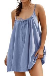lot 14157 image: YUENIU Womens Sundresses Mini Linen Beach Cover Up Tank Summer Casual Spaghetti Strap Sleeveless Dress with Pockets Blue Grey S