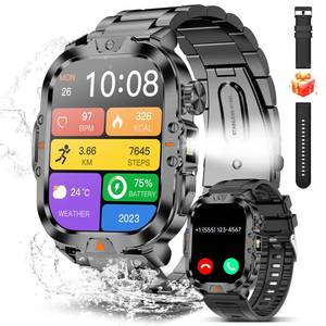 lot 14172 image: BRUBOSES Smart Watch for Men Military AnswerMake Call 2.01�� Display 170 Sports Modes Fitness Smart Watch IP68 Waterproof 30 Days Standby Smartwatch for Android iOS Black (2 Straps)