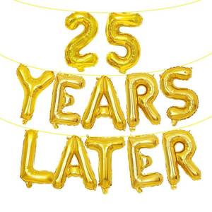 lot 14175 image: 16 Inch Gold 25 YEARS LATER Letter Balloons Banner - Mylar Foil Number and Letter Balloons for Anniversary Decorations, Class Reunion, Milestone Celebrations, and Party Photo Backdrops